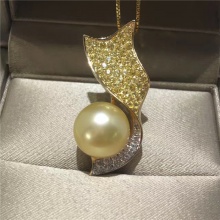 天然金珠11-12mm正圆 强光 滑皮 完美无瑕 18k金镶嵌锆石